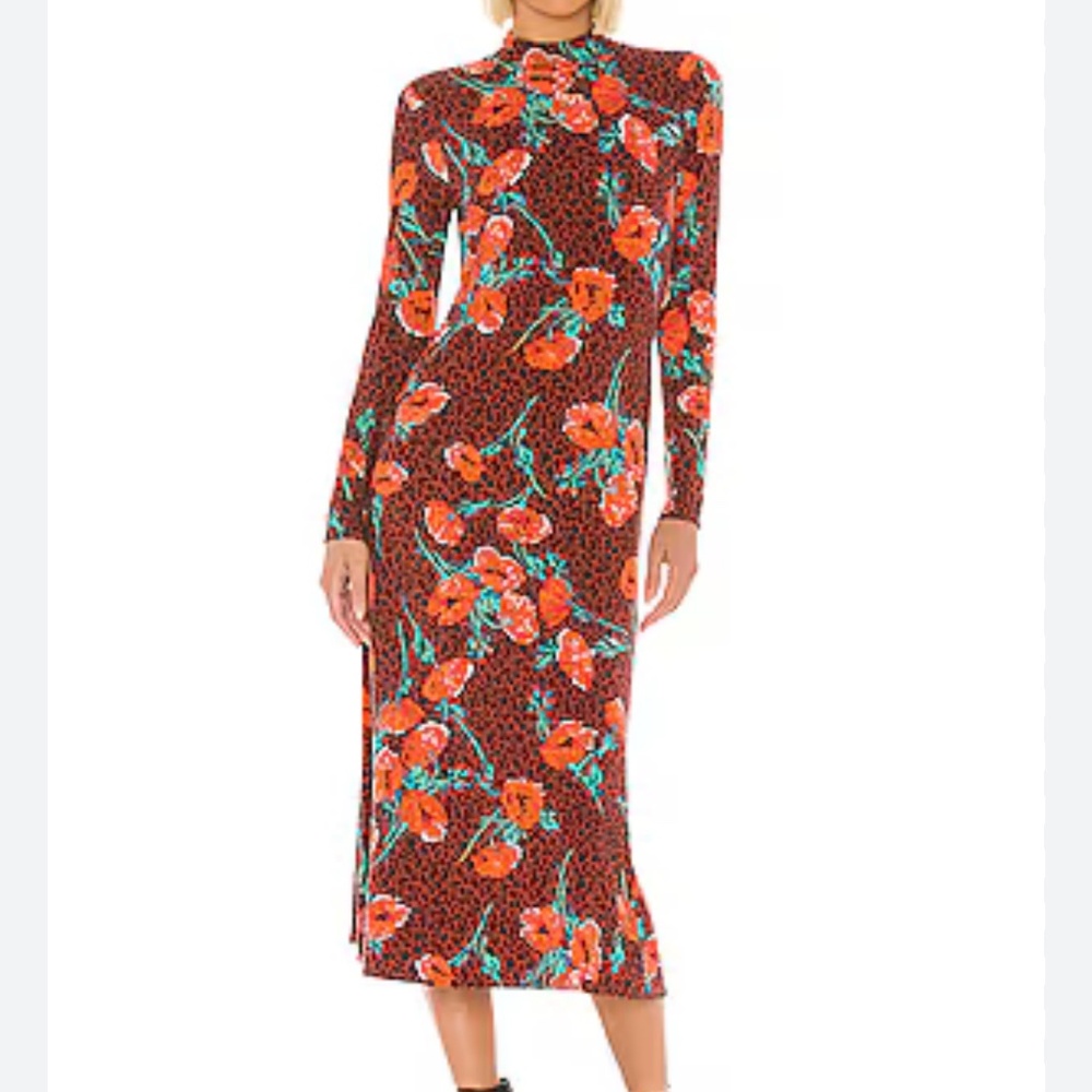 Free People Red Floral & Black Leopard Midi Dress with Teal Accents - Picture 6 of 6